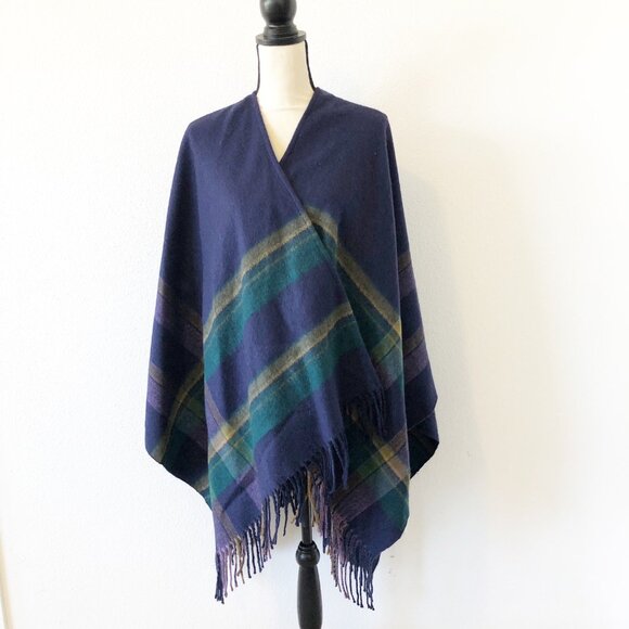 JAMES PRINGLE WEAVERS Acrylic Navy Plaid Fringe Shawl Poncho Scarf - Picture 1 of 7